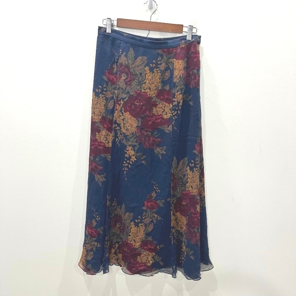 Dark Romantic Floral 100% Silk Maxi Skirt Medium Navy Boho Fairy Cottagecore